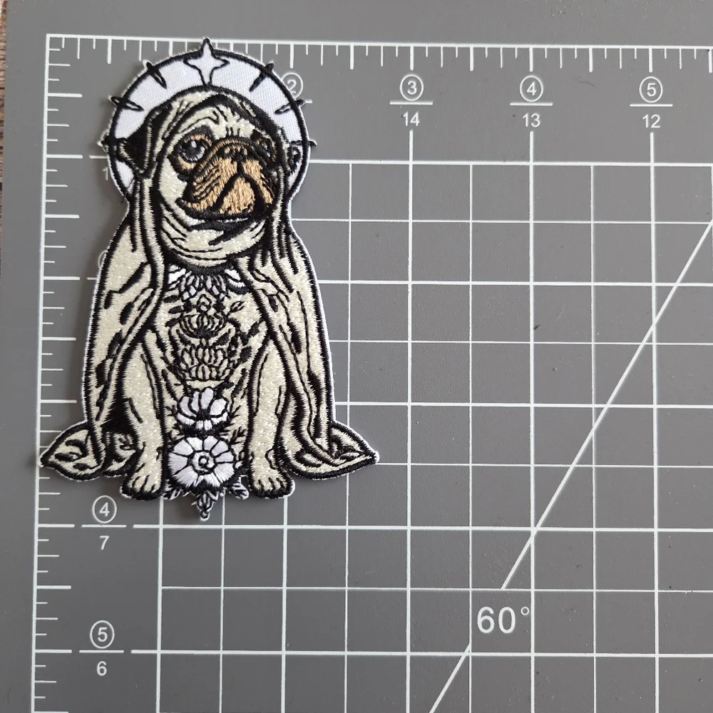 Mother Mary Pug Floral Tattoo Style Gothic Dog Iron on Patch - Picture 2 of 2